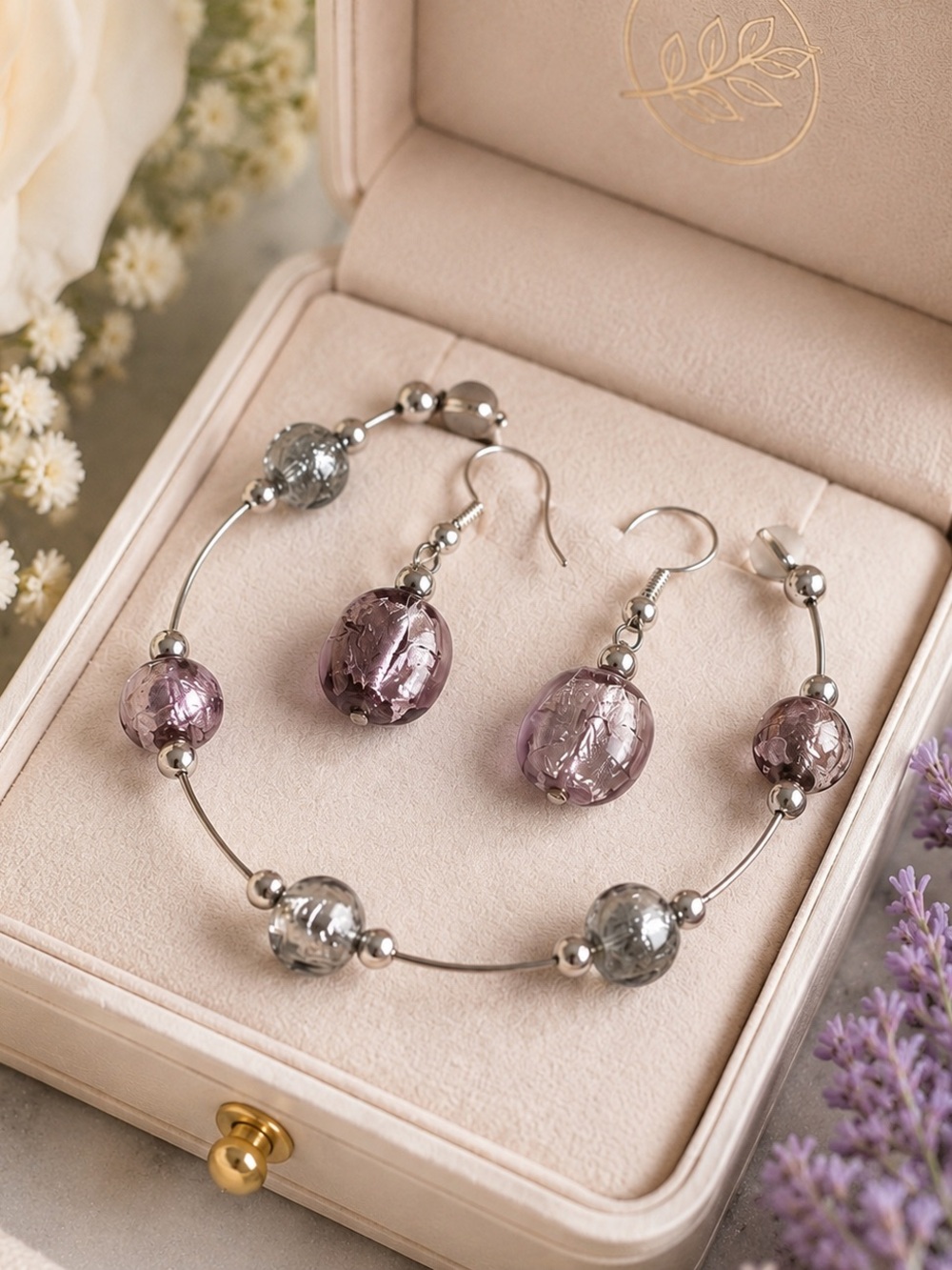 Murano Glass Purple & Silver Leaf Bracelet Earring Set Venetian Artisan Jewelry
